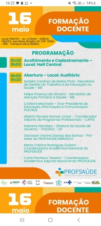Programação Formação Nacional Docente do PROFSAÚDE